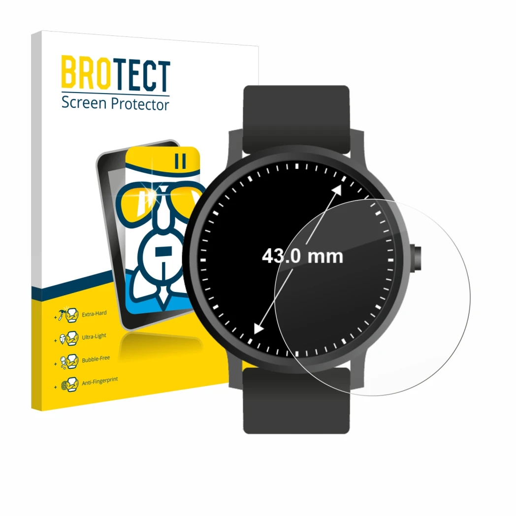 Face avant d’un emballage produit avec le logo de la marque BROTECT. À côté, l’appareil Montres (Circulaire, ø: 43 mm) est rep