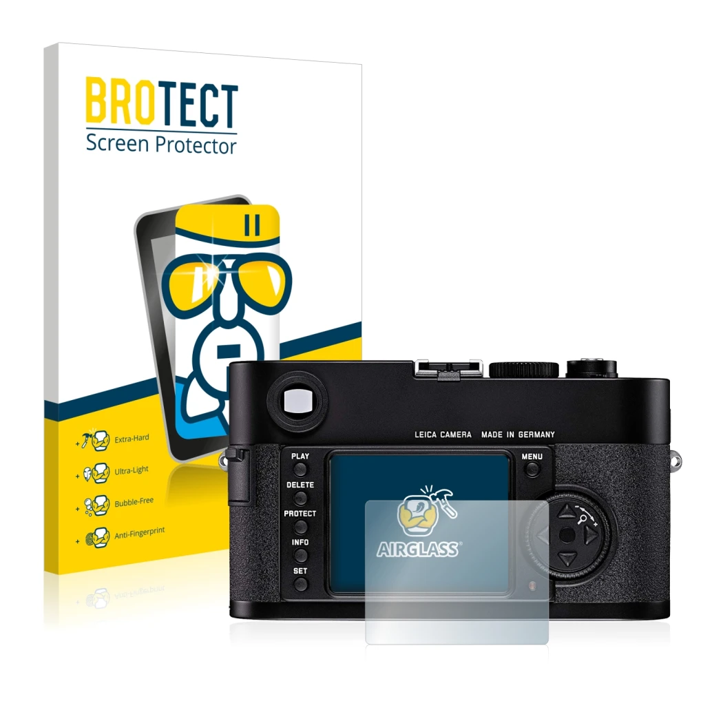 Face avant d’un emballage produit avec le logo de la marque BROTECT. À côté, l’appareil Leica M8 est représenté avec la protec