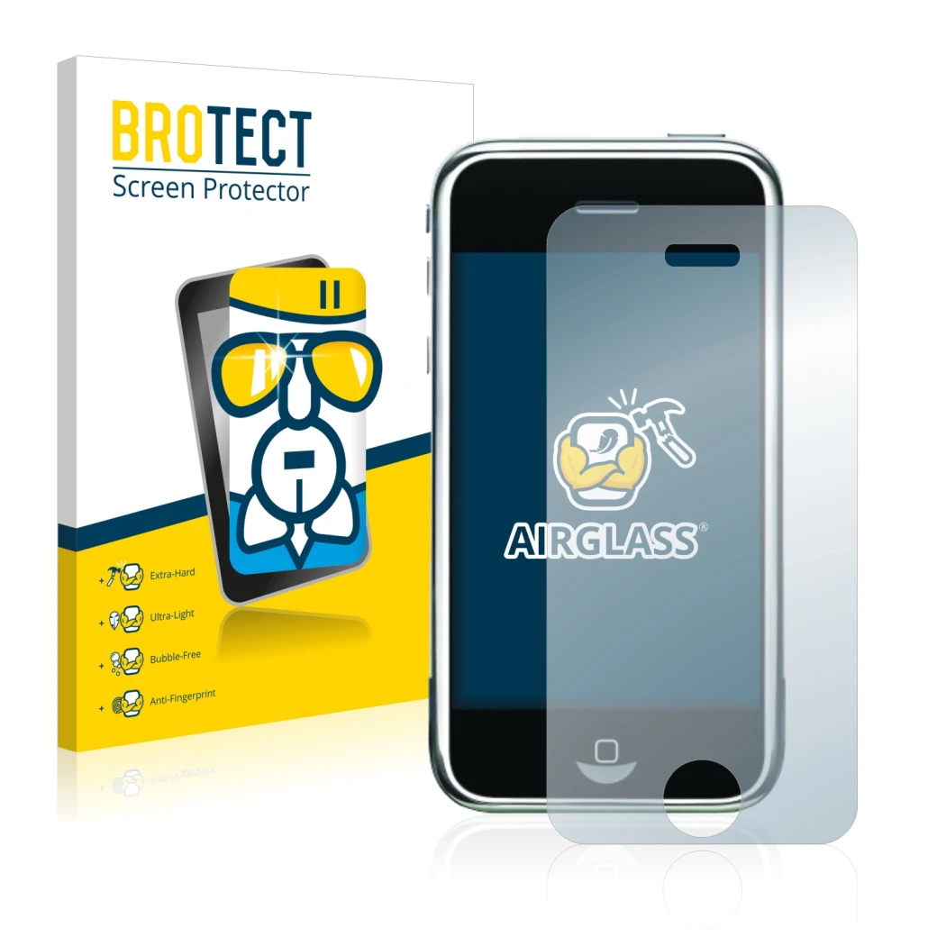 Face avant d’un emballage produit avec le logo de la marque BROTECT. À côté, l’appareil Apple iPhone 2G est représenté avec la