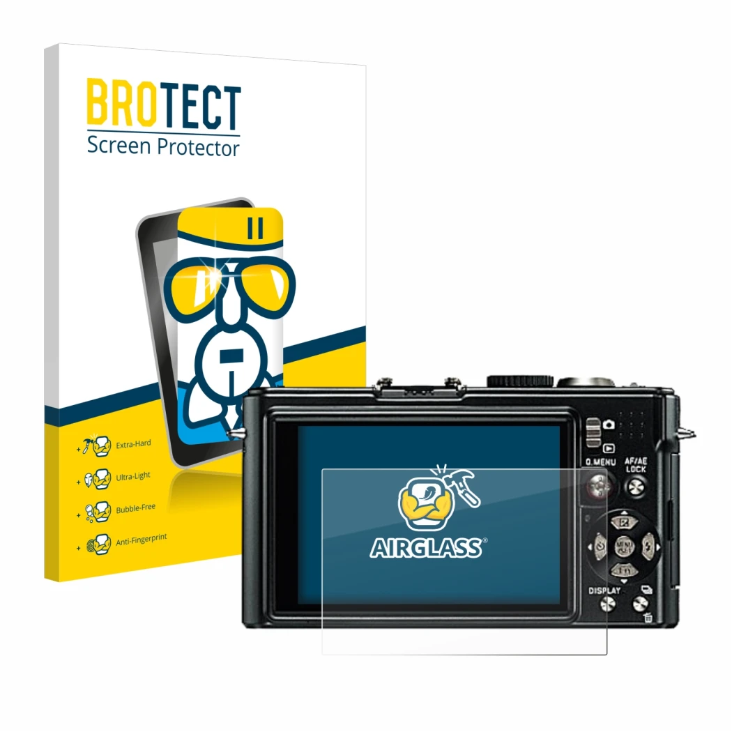 Face avant d’un emballage produit avec le logo de la marque BROTECT. À côté, l’appareil Leica D-Lux 4 est représenté avec la p