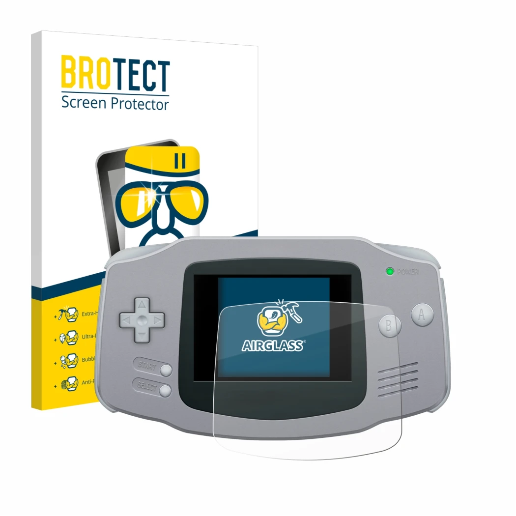 Face avant d’un emballage produit avec le logo de la marque BROTECT. À côté, l’appareil Nintendo Gameboy Advance GBA est repré