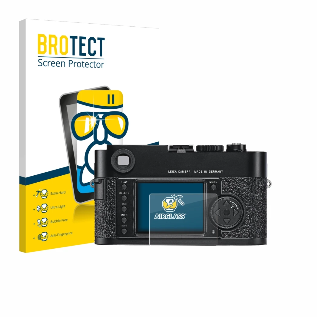 Face avant d’un emballage produit avec le logo de la marque BROTECT. À côté, l’appareil Leica M9 est représenté avec la protec