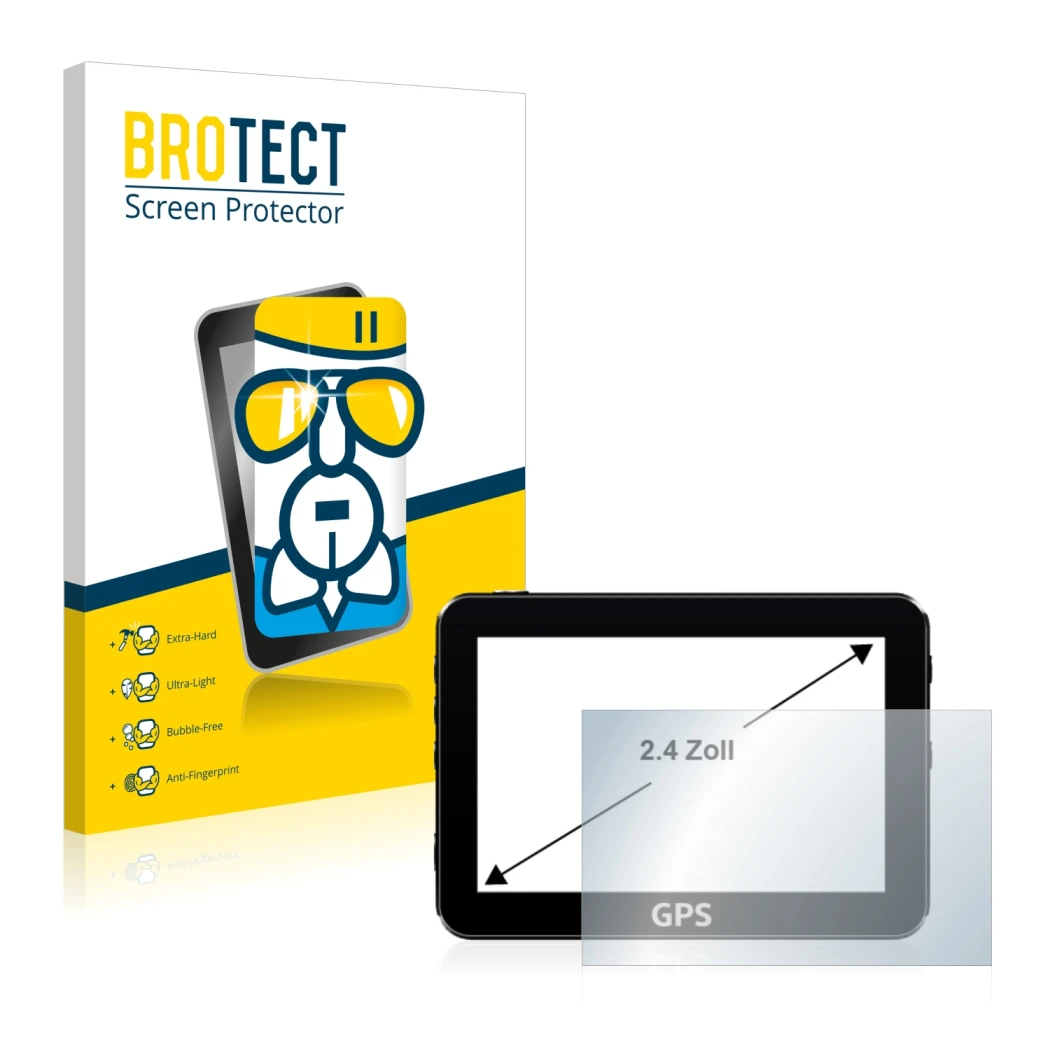 Face avant d’un emballage produit avec le logo de la marque BROTECT. À côté, l’appareil est représenté avec la protection d’éc