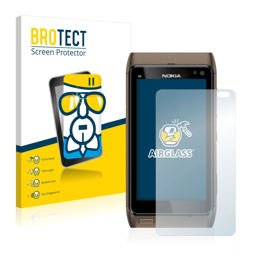 Face avant d’un emballage produit avec le logo de la marque BROTECT. À côté, l’appareil Nokia n8 est représenté avec la protec