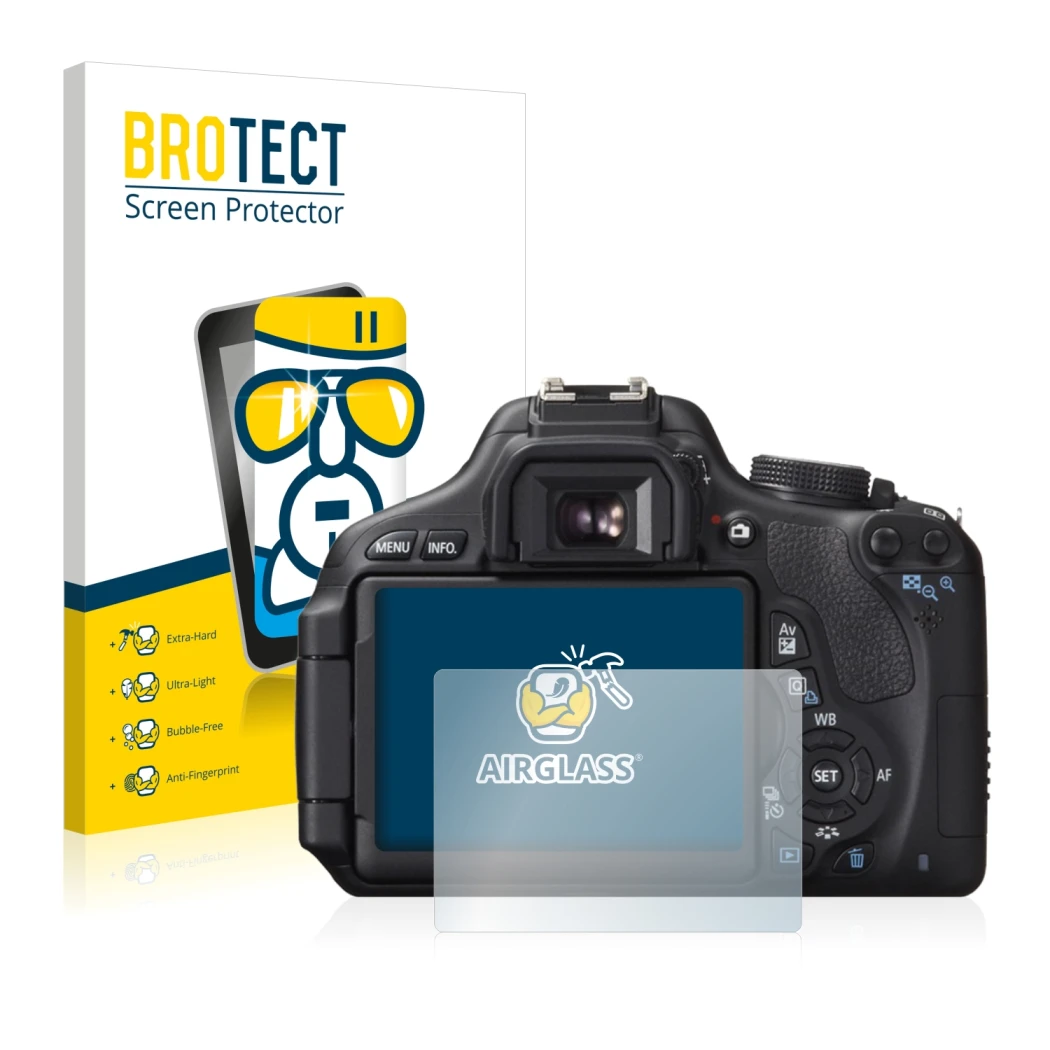 Face avant d’un emballage produit avec le logo de la marque BROTECT. À côté, l’appareil Canon EOS 600D est représenté avec la