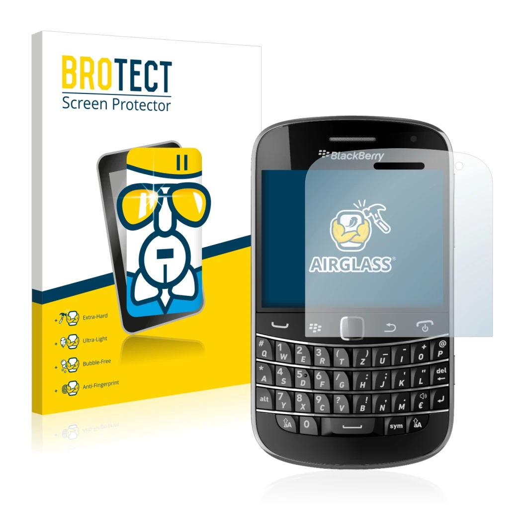Face avant d’un emballage produit avec le logo de la marque BROTECT. À côté, l’appareil RIM BlackBerry Bold Touch 9900 est rep