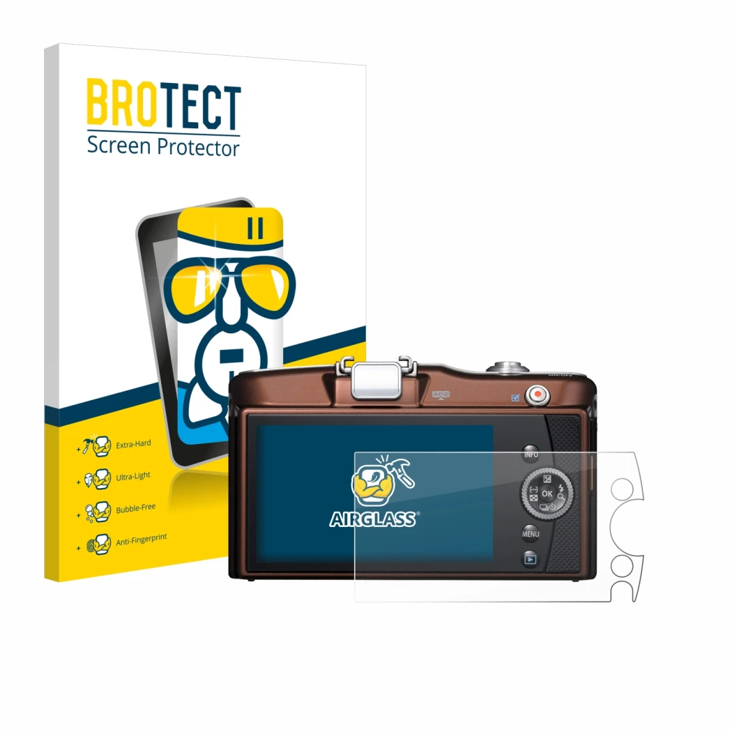 Face avant d’un emballage produit avec le logo de la marque BROTECT. À côté, l’appareil Olympus PEN E-PM1 est représenté avec