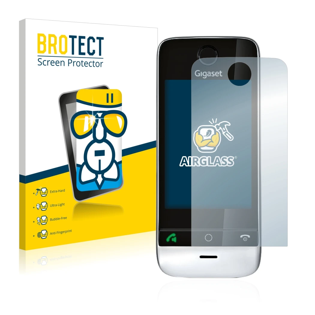 Face avant d’un emballage produit avec le logo de la marque BROTECT. À côté, l’appareil Gigaset SL910 (découpe circulaire) est