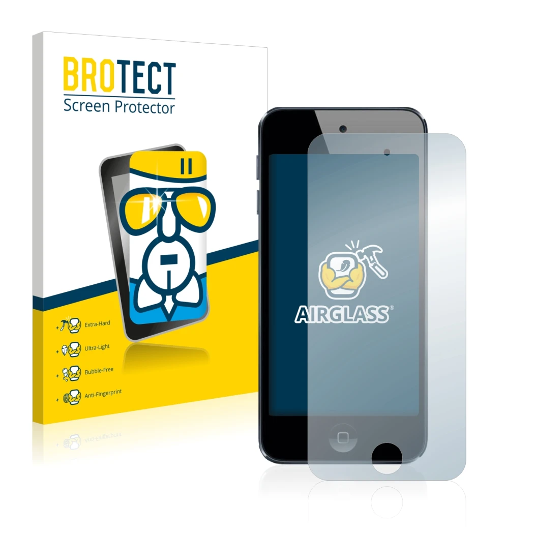 Face avant d’un emballage produit avec le logo de la marque BROTECT. À côté, l’appareil Apple iPod Touch (5ème Gen.) est repré