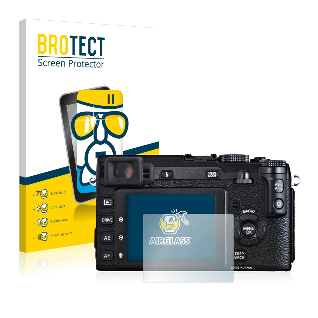 Face avant d’un emballage produit avec le logo de la marque BROTECT. À côté, l’appareil Fujifilm X-E1 est représenté avec la p