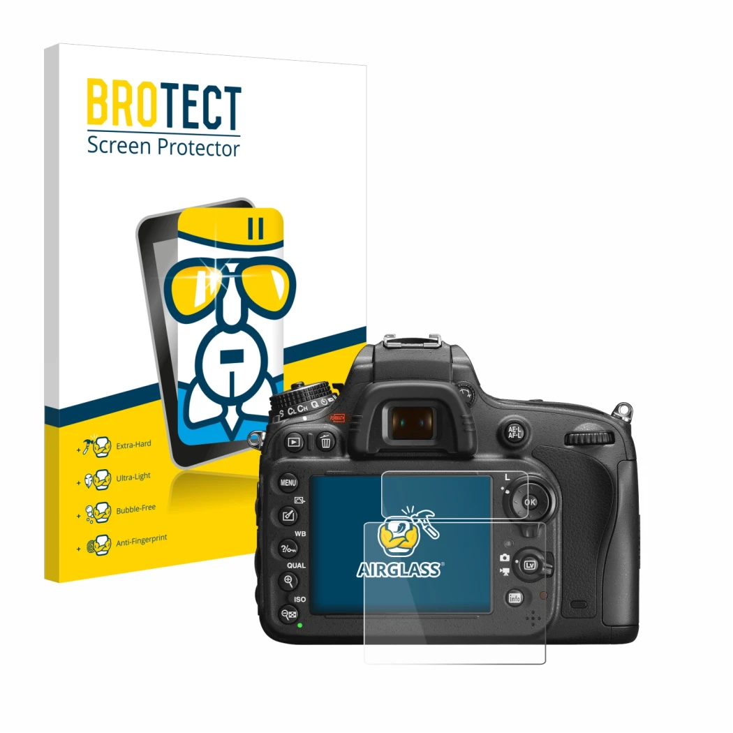 Face avant d’un emballage produit avec le logo de la marque BROTECT. À côté, l’appareil Nikon D600 est représenté avec la prot
