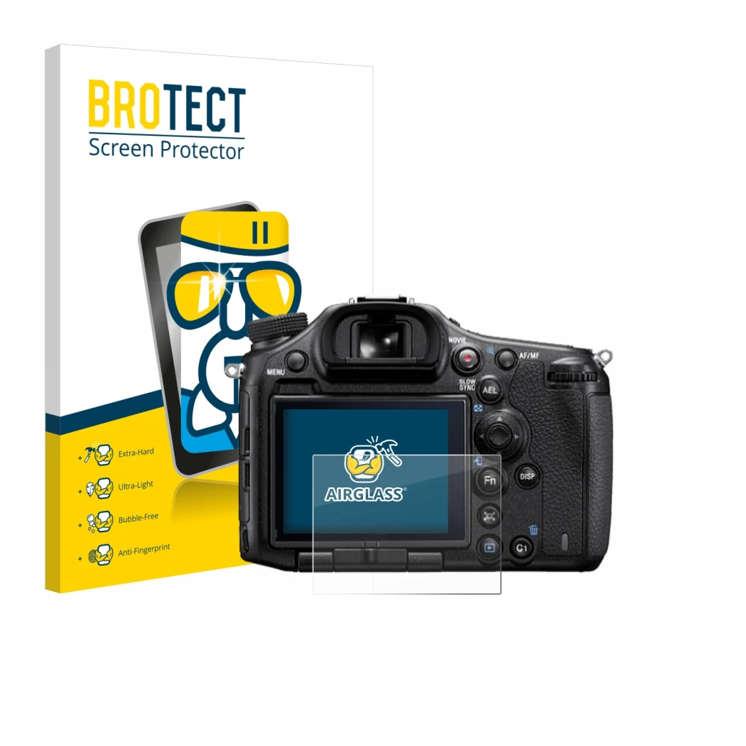 Face avant d’un emballage produit avec le logo de la marque BROTECT. À côté, l’appareil Sony Alpha 99 est représenté avec la p
