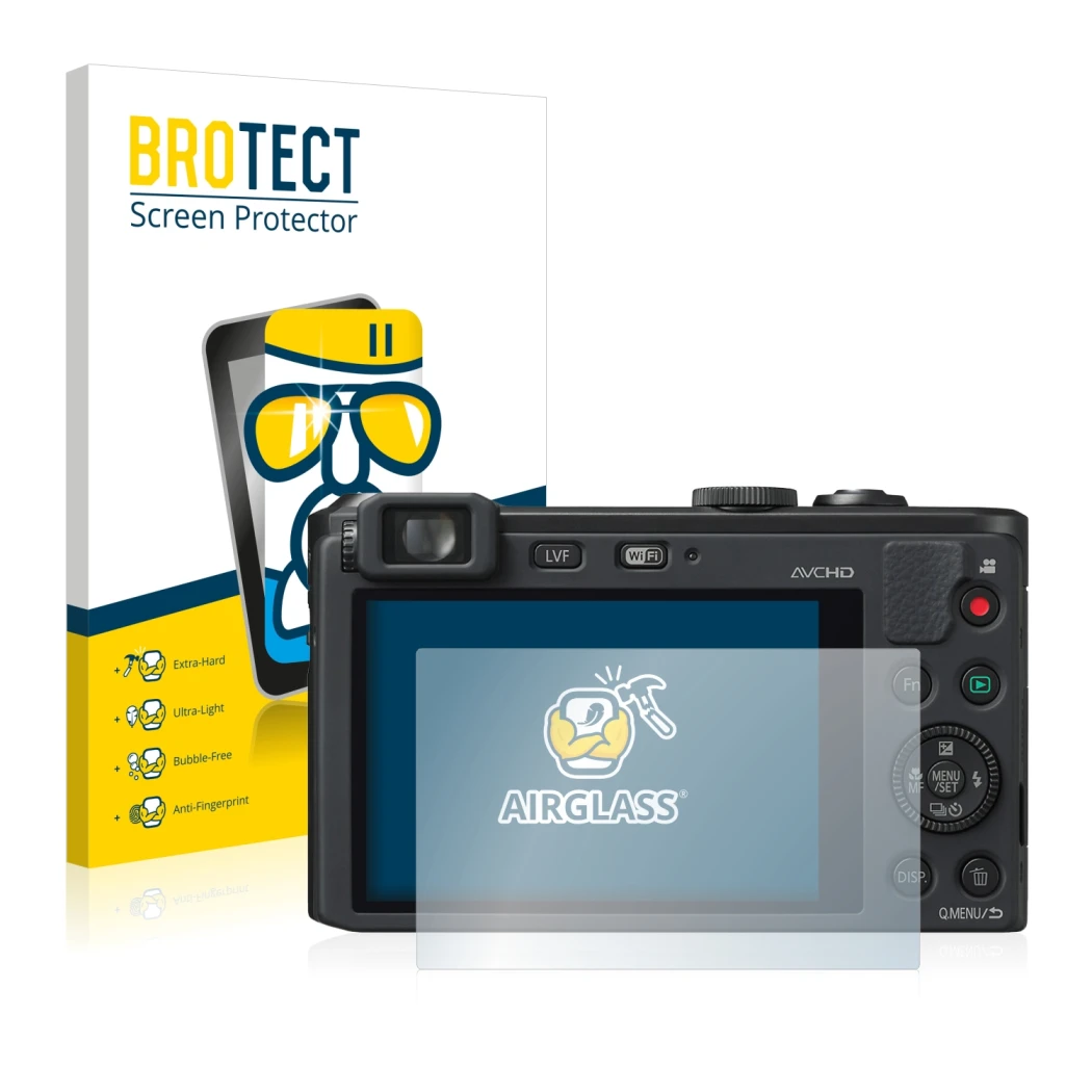 Face avant d’un emballage produit avec le logo de la marque BROTECT. À côté, l’appareil Panasonic Lumix DMC-LF1 est représenté