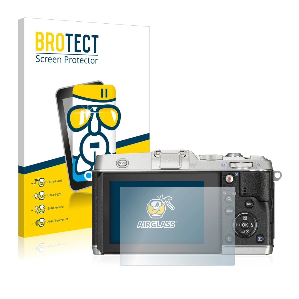 Face avant d’un emballage produit avec le logo de la marque BROTECT. À côté, l’appareil Olympus PEN E-P5 est représenté avec l