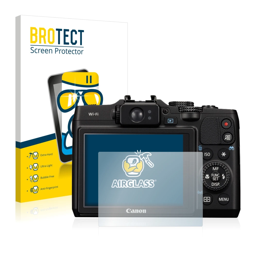 Face avant d’un emballage produit avec le logo de la marque BROTECT. À côté, l’appareil Canon PowerShot G16 est représenté ave