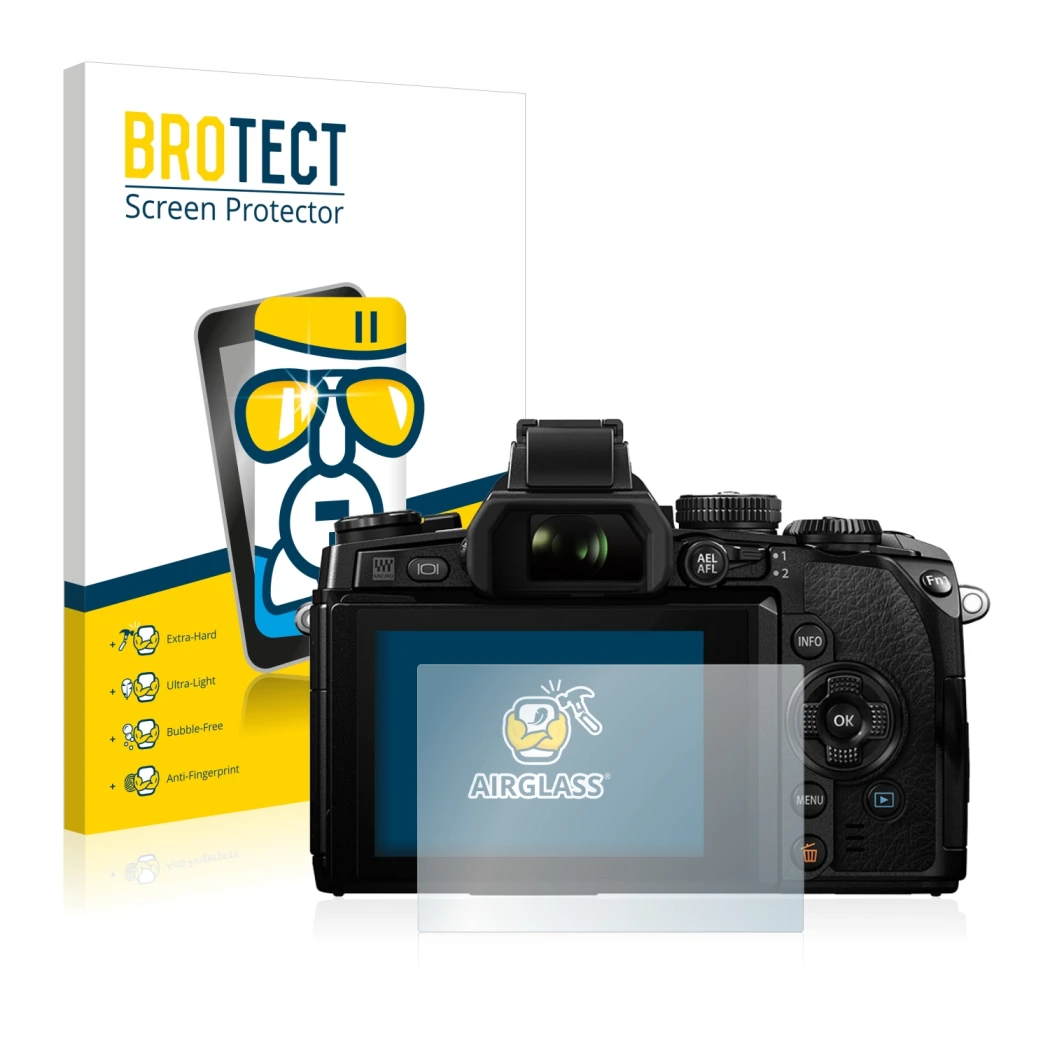 Face avant d’un emballage produit avec le logo de la marque BROTECT. À côté, l’appareil Olympus OM-D E-M1 est représenté avec