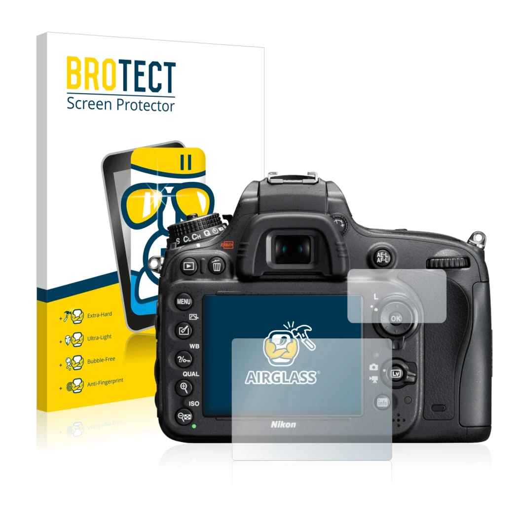 Face avant d’un emballage produit avec le logo de la marque BROTECT. À côté, l’appareil Nikon D610 est représenté avec la prot