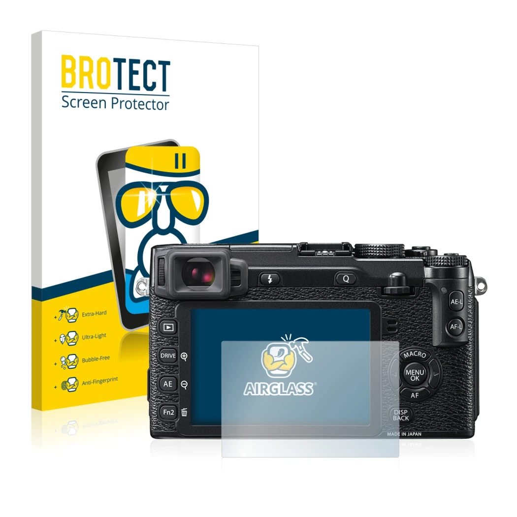 Face avant d’un emballage produit avec le logo de la marque BROTECT. À côté, l’appareil Fujifilm X-E2 est représenté avec la p