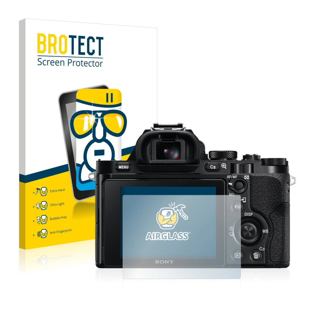 Face avant d’un emballage produit avec le logo de la marque BROTECT. À côté, l’appareil Sony Alpha 7R (ILCE-7R) est représenté