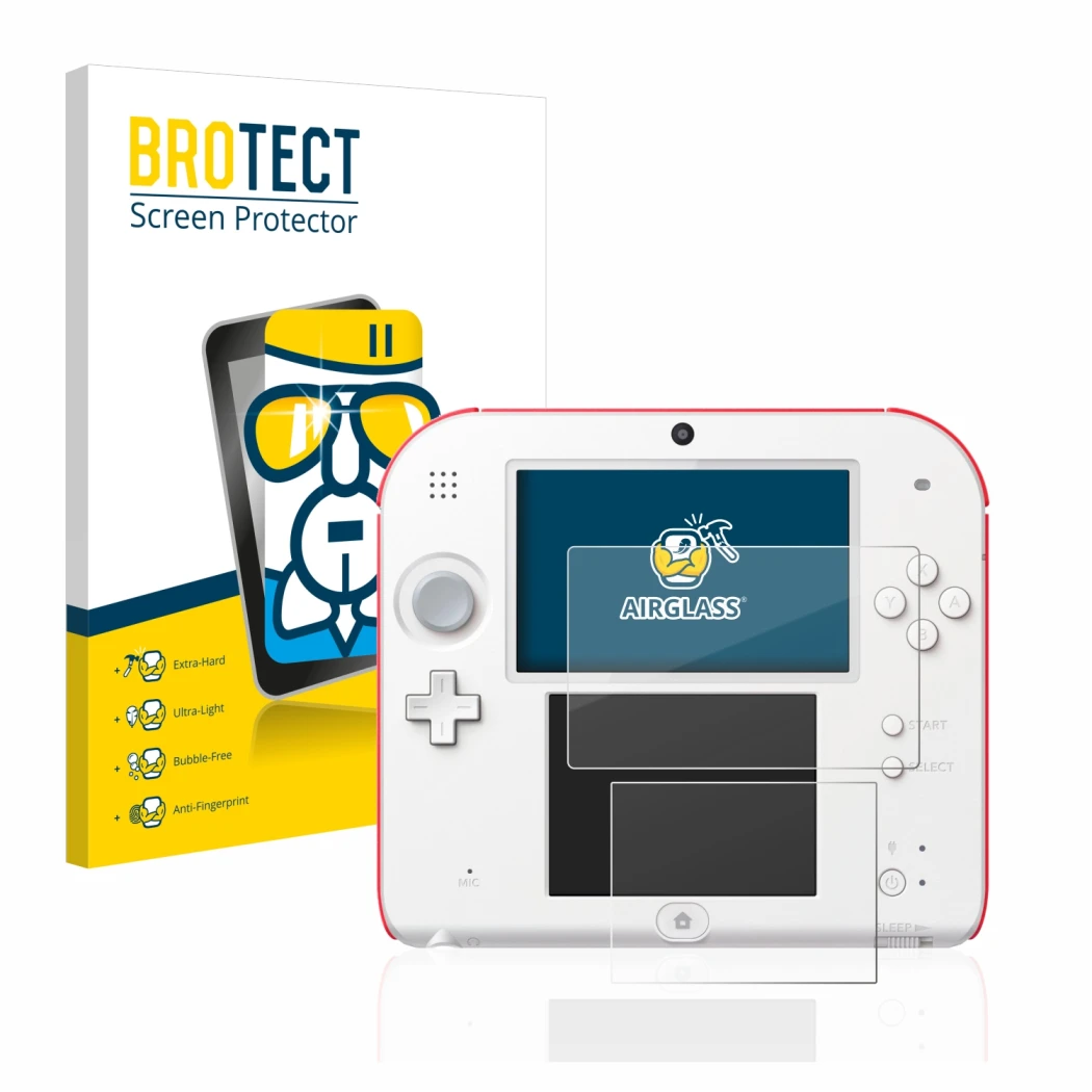 Face avant d’un emballage produit avec le logo de la marque BROTECT. À côté, l’appareil Nintendo 2DS est représenté avec la pr
