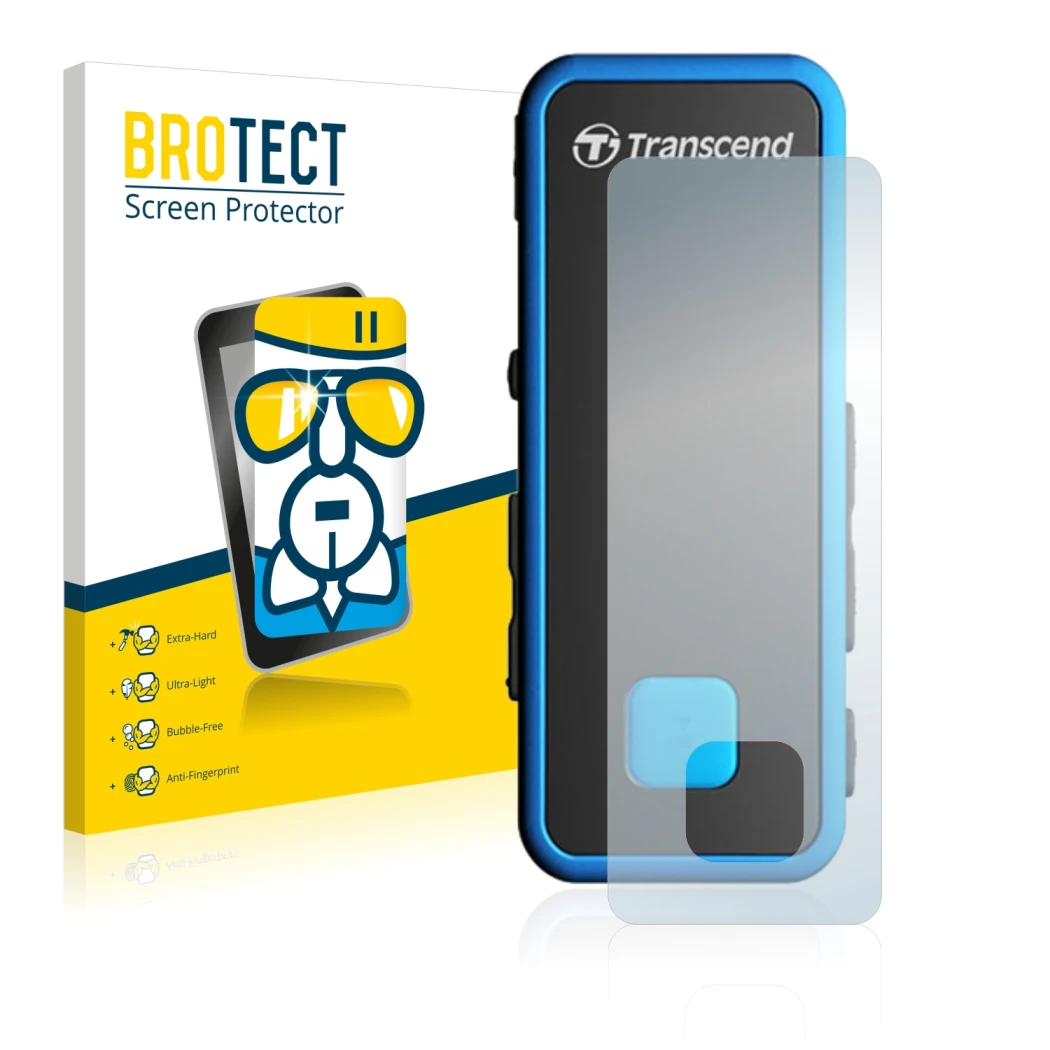 Face avant d’un emballage produit avec le logo de la marque BROTECT. À côté, l’appareil Transcend MP350 est représenté avec la