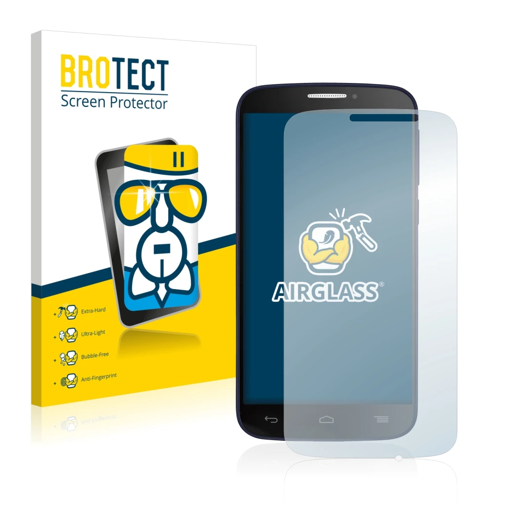 Face avant d’un emballage produit avec le logo de la marque BROTECT. À côté, l’appareil Alcatel One Touch Pop C7 7040E est rep
