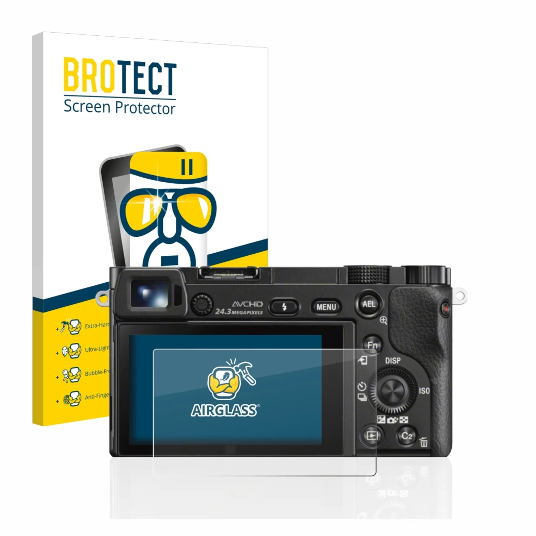Face avant d’un emballage produit avec le logo de la marque BROTECT. À côté, l’appareil Sony Alpha 6000 est représenté avec la