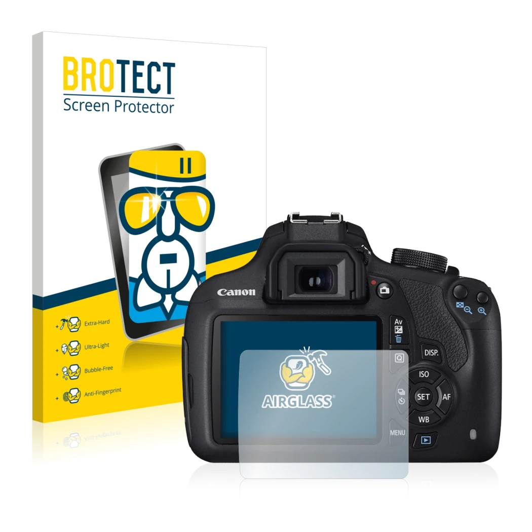 Face avant d’un emballage produit avec le logo de la marque BROTECT. À côté, l’appareil Canon EOS 1200D est représenté avec la