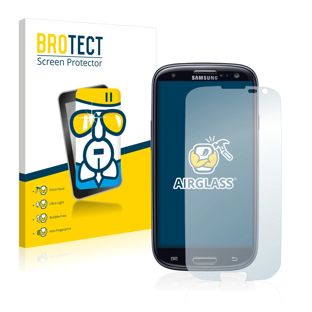Face avant d’un emballage produit avec le logo de la marque BROTECT. À côté, l’appareil Samsung Galaxy S3 Neo I9300I est repré