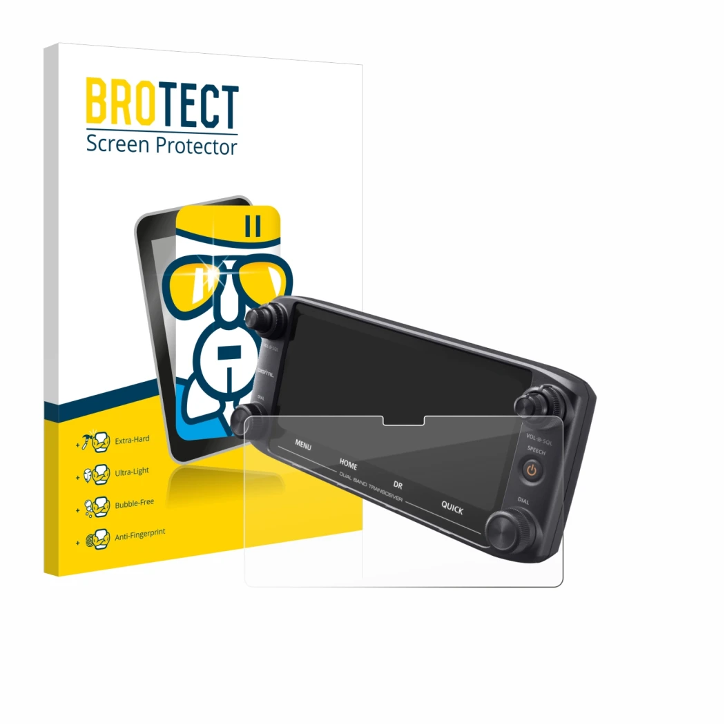 Face avant d’un emballage produit avec le logo de la marque BROTECT. À côté, l’appareil Icom ID-5100 est représenté avec la pr