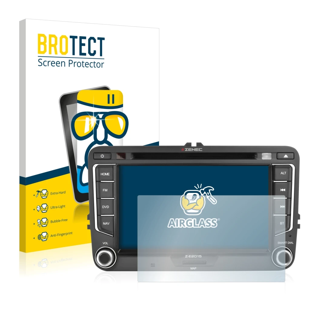 Face avant d’un emballage produit avec le logo de la marque BROTECT. À côté, l’appareil Zenec Z-E2015 est représenté avec la p