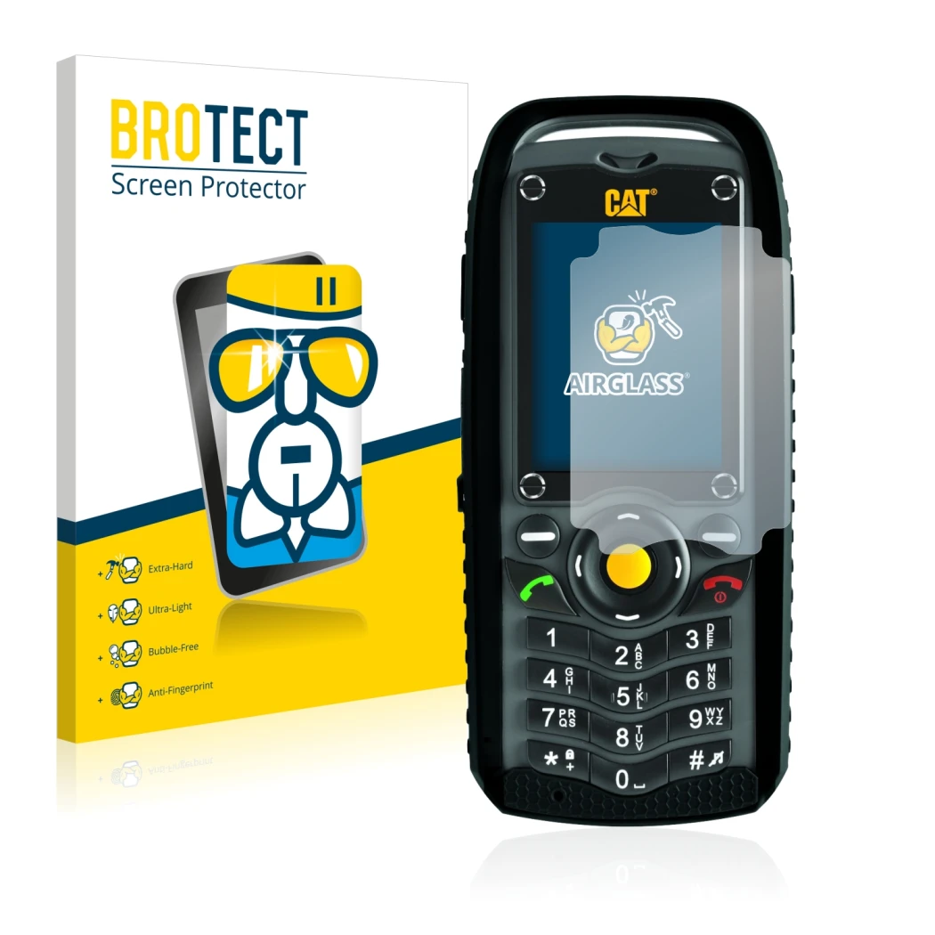 Face avant d’un emballage produit avec le logo de la marque BROTECT. À côté, l’appareil Caterpillar Cat B25 est représenté ave