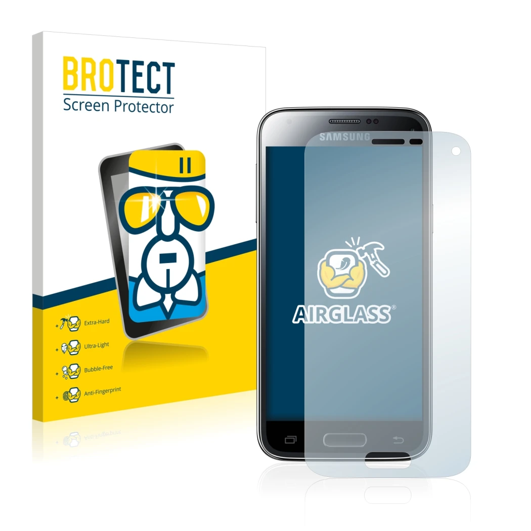 Face avant d’un emballage produit avec le logo de la marque BROTECT. À côté, l’appareil Samsung Galaxy S5 Mini SM-G800F est re