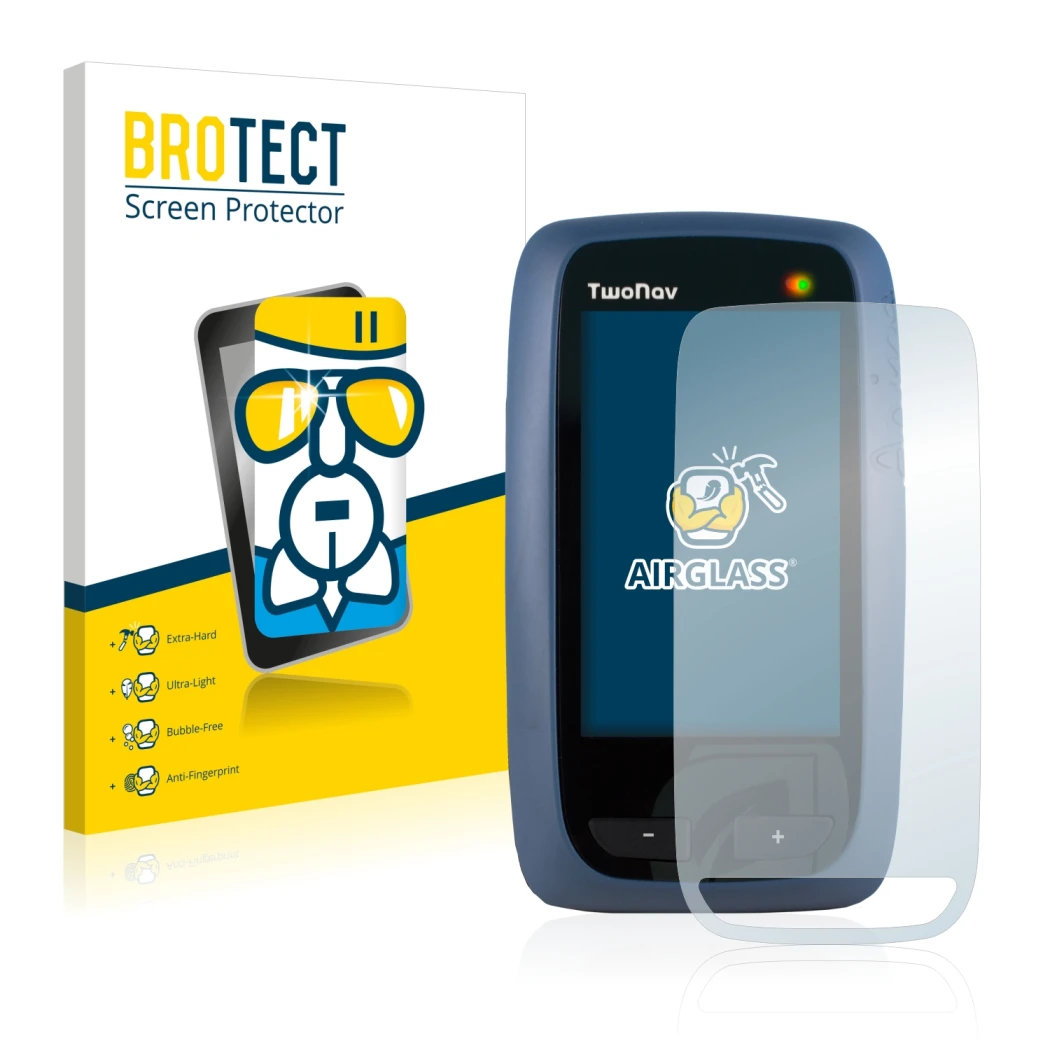 Face avant d’un emballage produit avec le logo de la marque BROTECT. À côté, l’appareil CompeGPS TwoNav Anima est représenté a