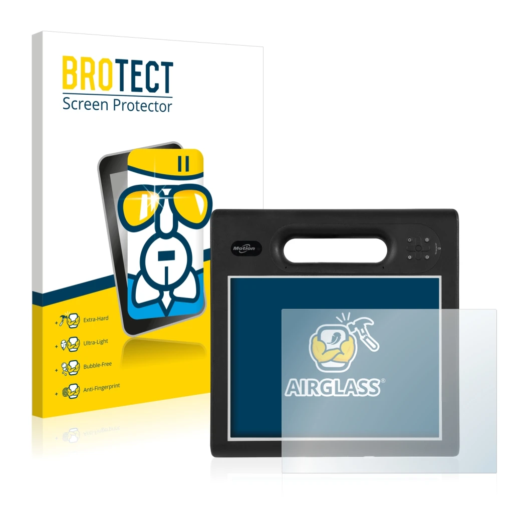 Face avant d’un emballage produit avec le logo de la marque BROTECT. À côté, l’appareil Motion Computing F5t est représenté av