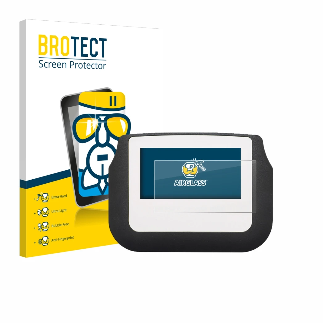 Face avant d’un emballage produit avec le logo de la marque BROTECT. À côté, l’appareil Signotec Signature Pad Sigma est repré