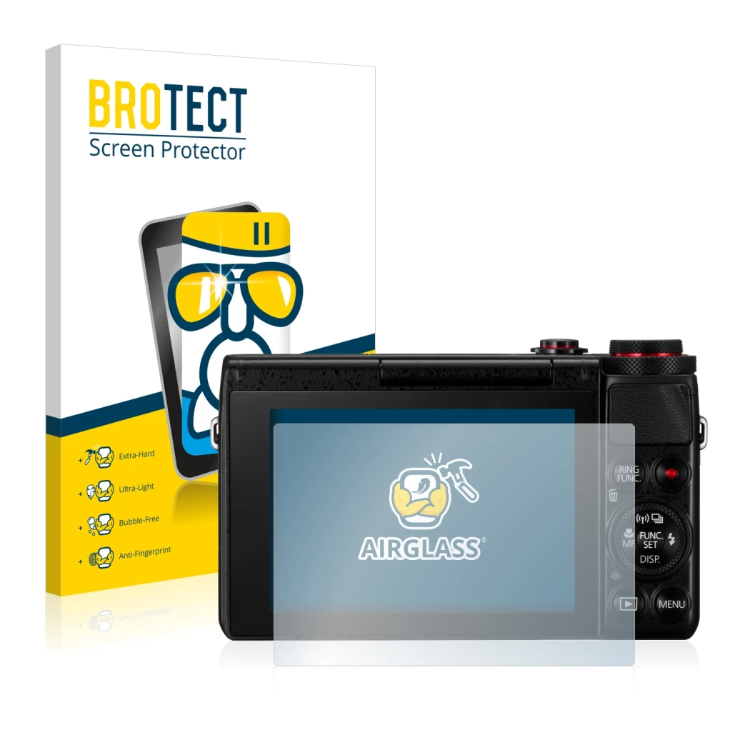 Face avant d’un emballage produit avec le logo de la marque BROTECT. À côté, l’appareil Canon PowerShot G7 X G7X est représent