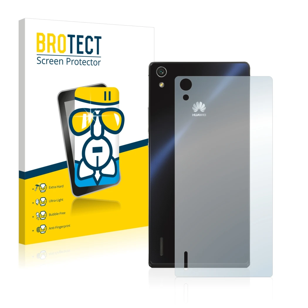 Face avant d’un emballage produit avec le logo de la marque BROTECT. À côté, l’appareil Huawei Ascend P7 (Arrière) est représe