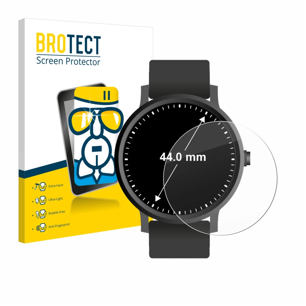 Face avant d’un emballage produit avec le logo de la marque BROTECT. À côté, l’appareil Montres (Circulaire, ø: 44 mm) est rep