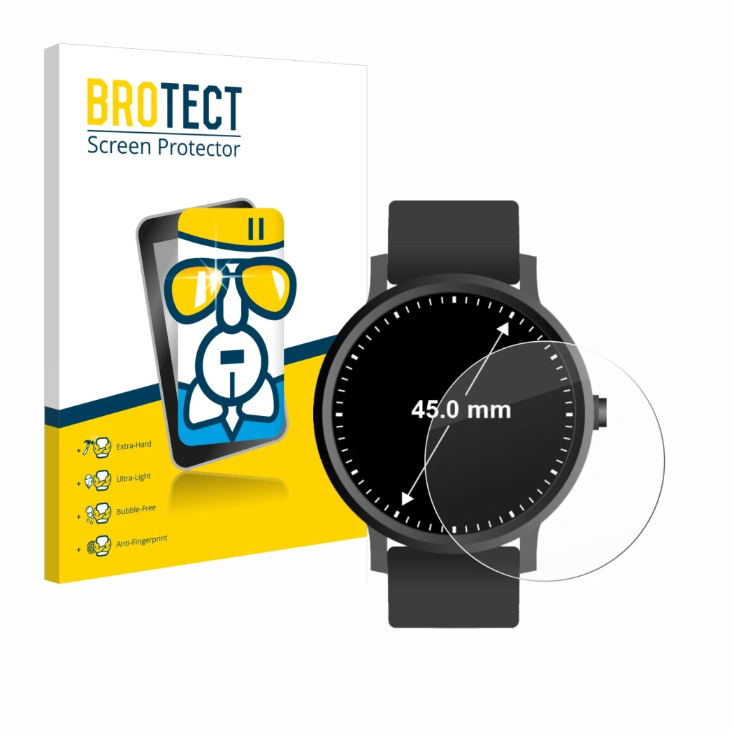 Face avant d’un emballage produit avec le logo de la marque BROTECT. À côté, l’appareil Montres (Circulaire, ø: 45 mm) est rep