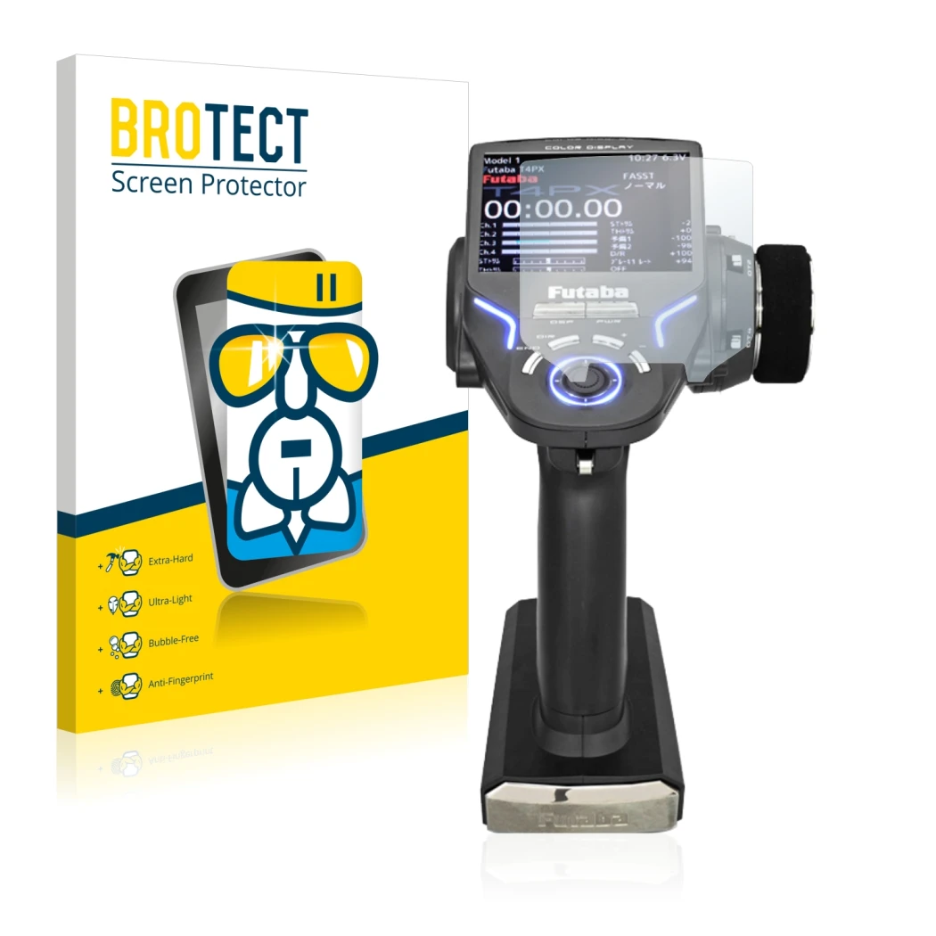 Face avant d’un emballage produit avec le logo de la marque BROTECT. À côté, l’appareil Futaba 4PX est représenté avec la prot