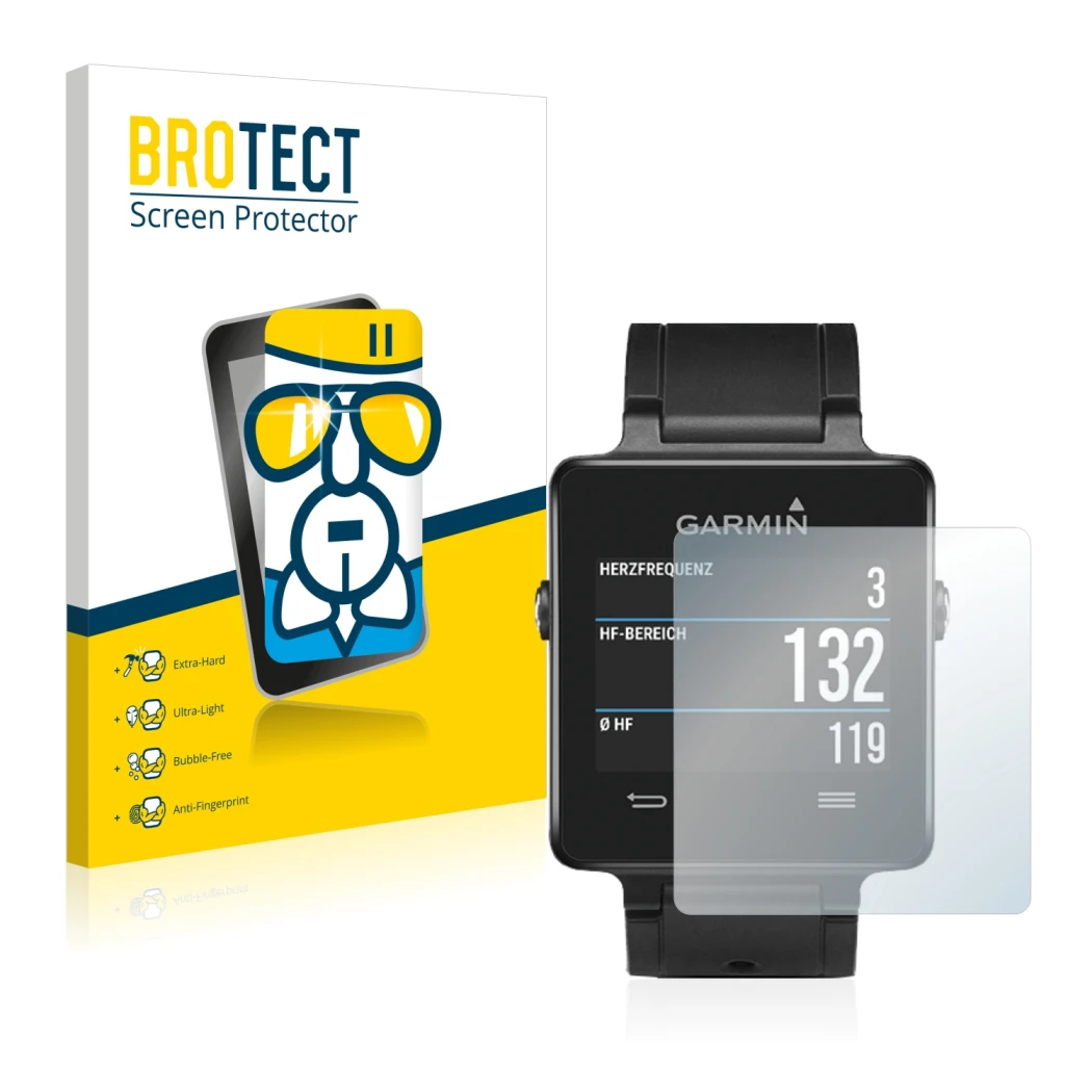 Face avant d’un emballage produit avec le logo de la marque BROTECT. À côté, l’appareil Garmin vivoactive est représenté avec 