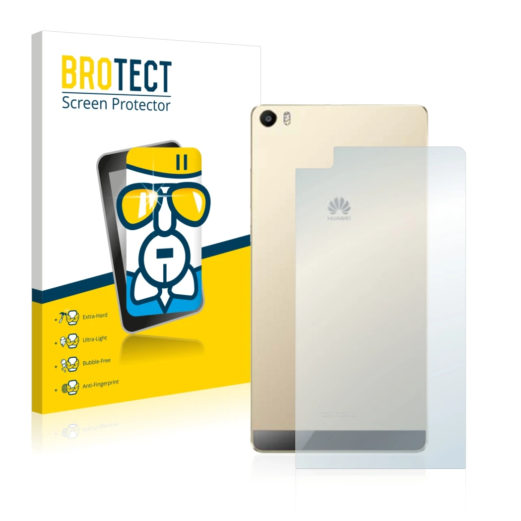 Face avant d’un emballage produit avec le logo de la marque BROTECT. À côté, l’appareil Huawei P8 Max (Arrière) est représenté