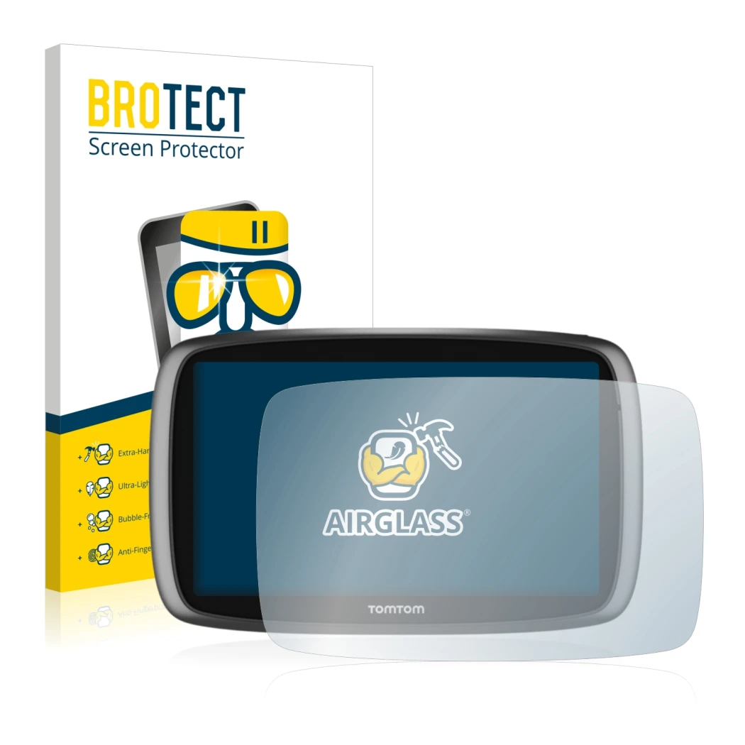 Face avant d’un emballage produit avec le logo de la marque BROTECT. À côté, l’appareil TomTom GO 6100 est représenté avec la
