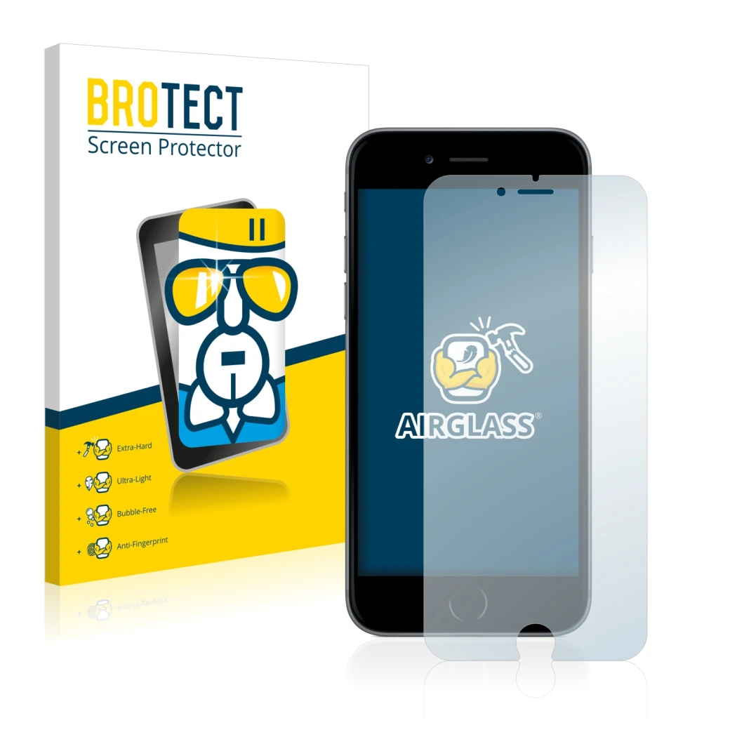 Face avant d’un emballage produit avec le logo de la marque BROTECT. À côté, l’appareil Apple iPhone 6S Plus est représenté av