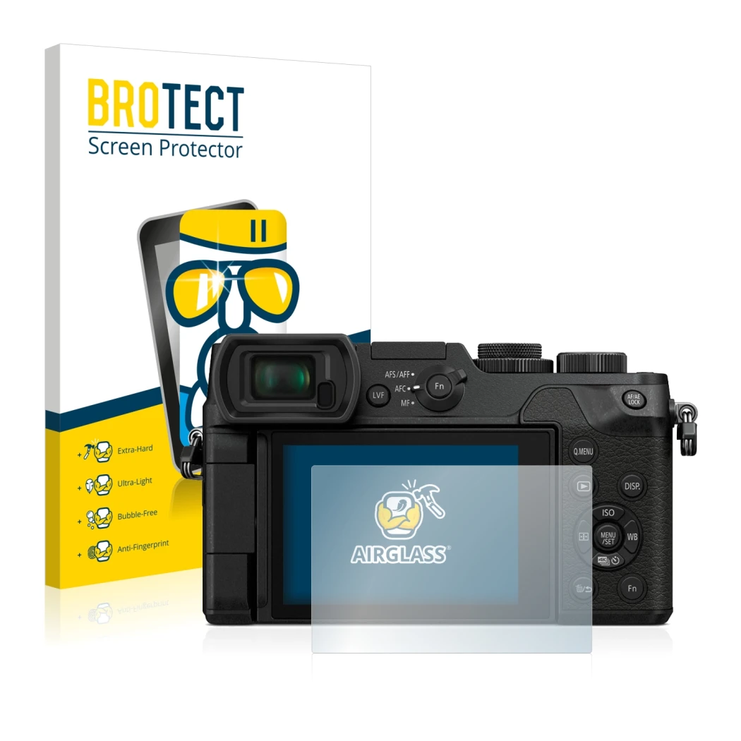 Face avant d’un emballage produit avec le logo de la marque BROTECT. À côté, l’appareil Panasonic Lumix DMC-GX8 est représenté