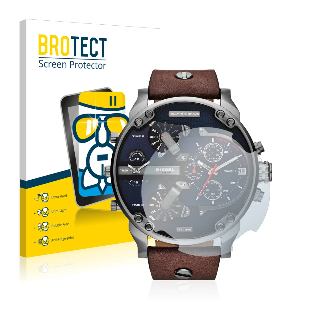 Face avant d’un emballage produit avec le logo de la marque BROTECT. À côté, l’appareil Diesel DZ7314 Mr. Daddy est représenté