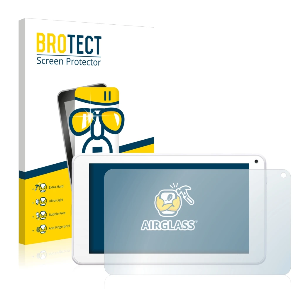 Face avant d’un emballage produit avec le logo de la marque BROTECT. À côté, l’appareil BigBen Unity Tab 7 est représenté avec
