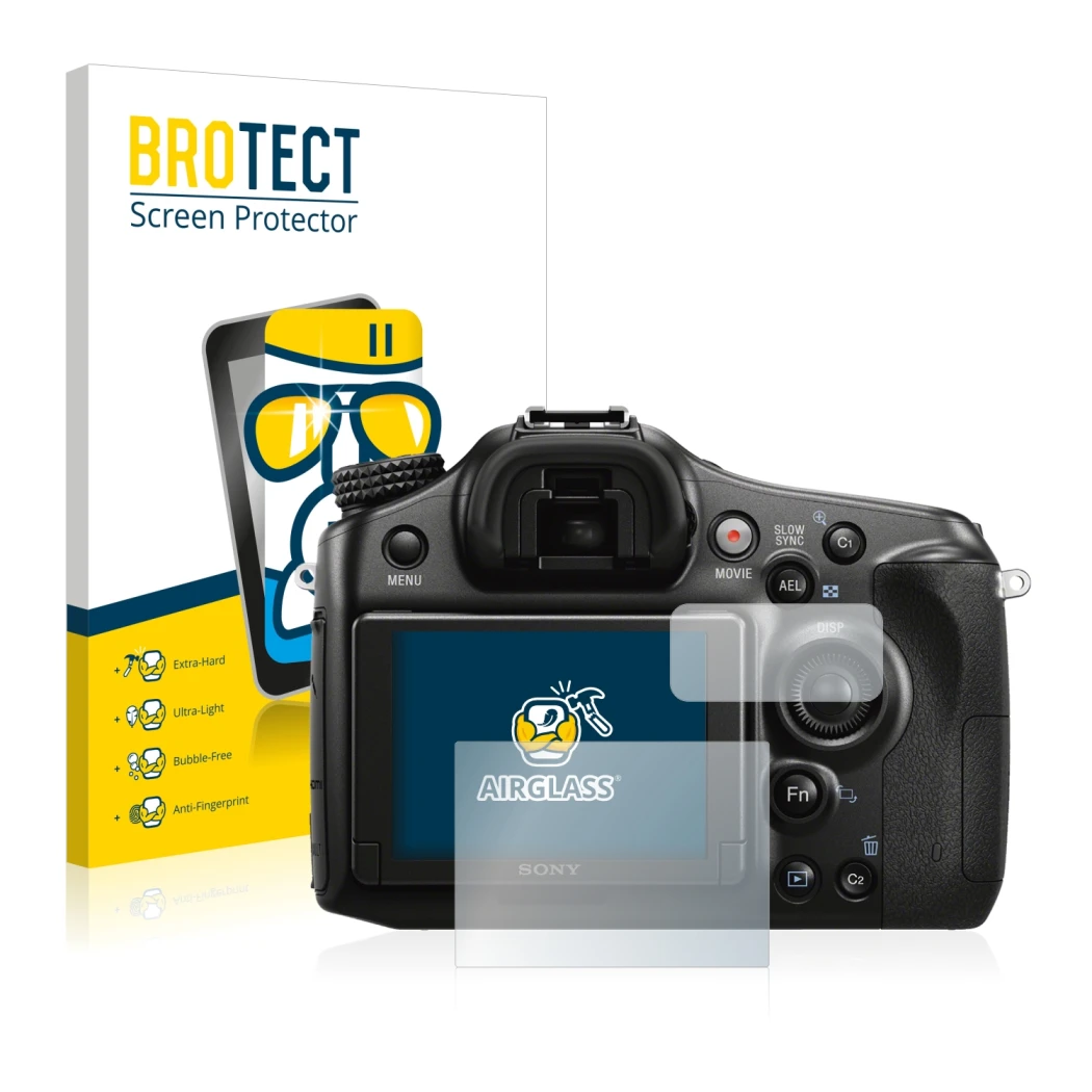 Face avant d’un emballage produit avec le logo de la marque BROTECT. À côté, l’appareil Sony Alpha 68 est représenté avec la p