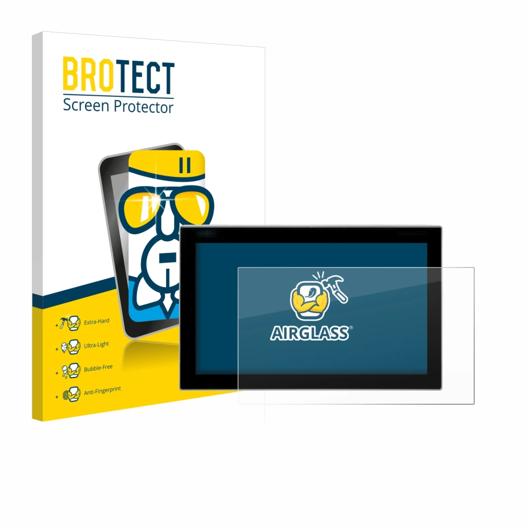 Face avant d’un emballage produit avec le logo de la marque BROTECT. À côté, l’appareil Siemens Simatic Flat Panel 12